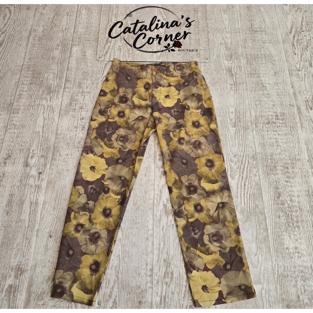 Tark'1 Paris Floral Straight Leg Trousers Made in France Yellow Olive Green 4